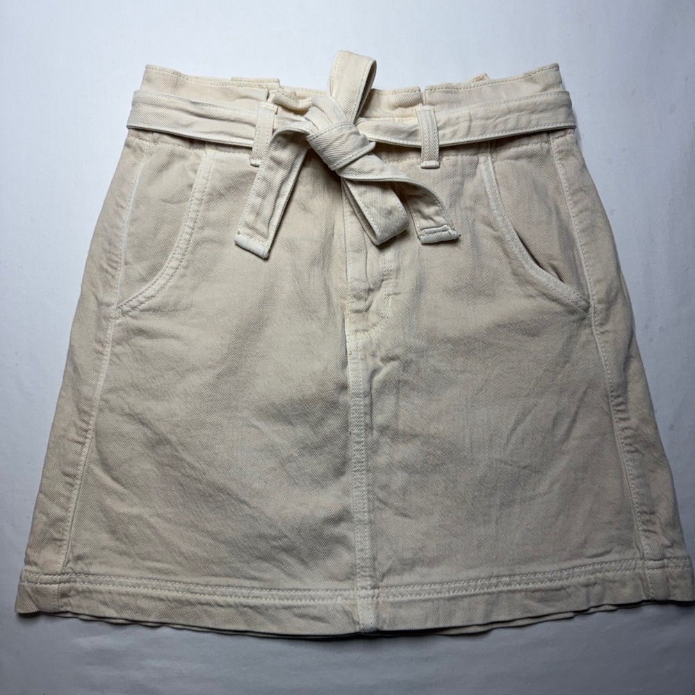 American Eagle Cream Denim Tie Waist Mini Skirt Size 00 High Rise Off White